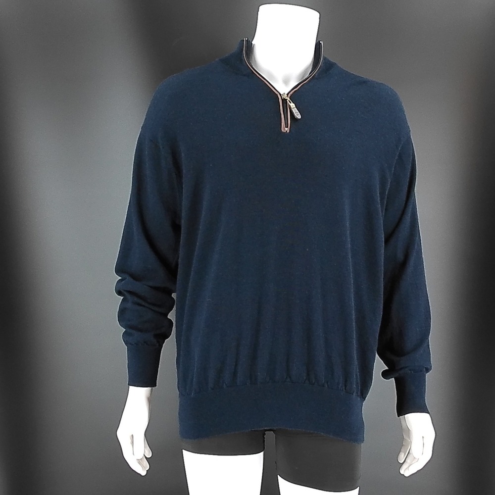 Orvis Mens XL Navy Blue 100% Merino Wool Quarter Zip Pullover Sweater Mock Neck